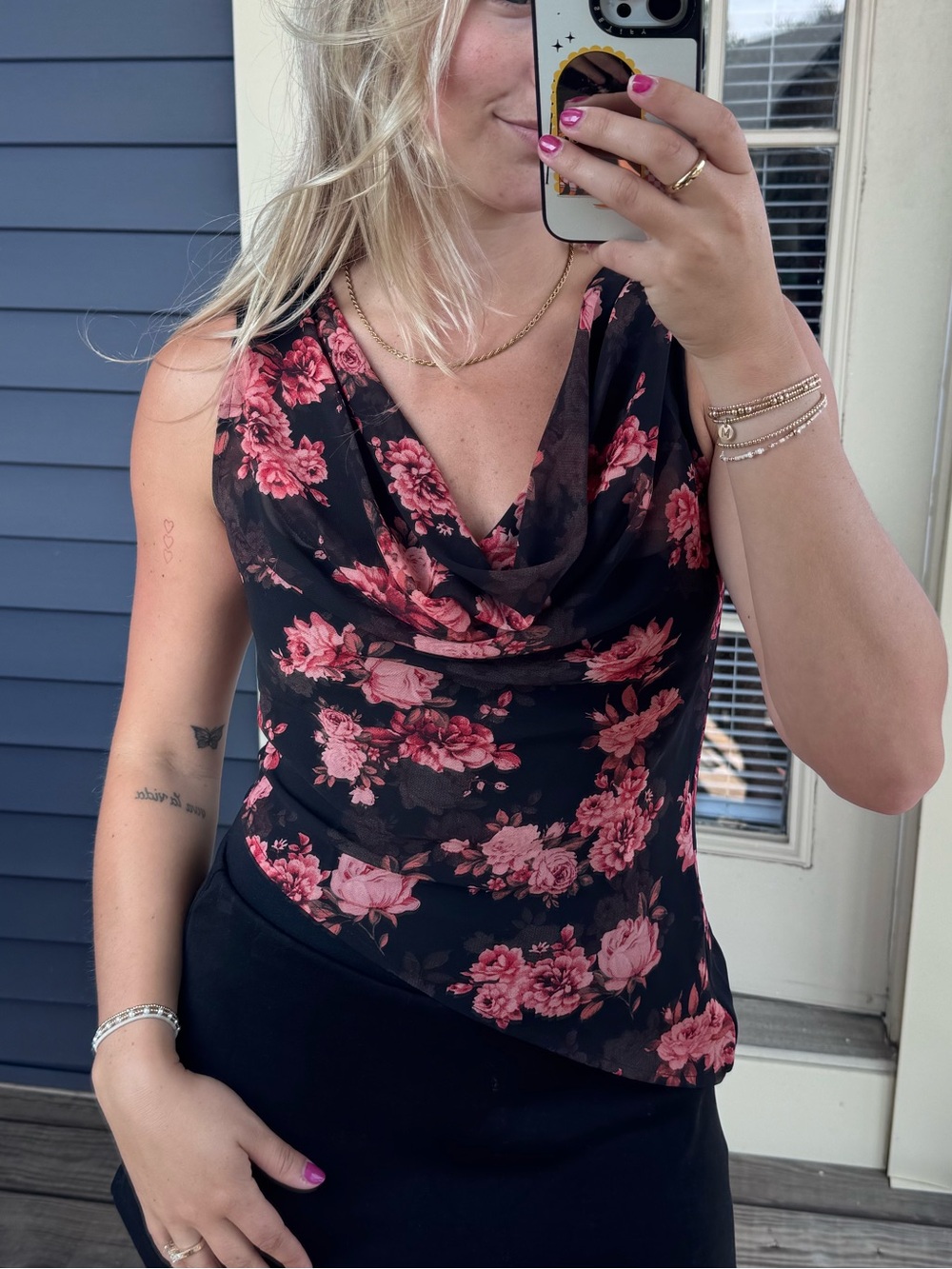 Black Floral Cowl Neck Asymmetrical Tank Top - Pink Rose Print